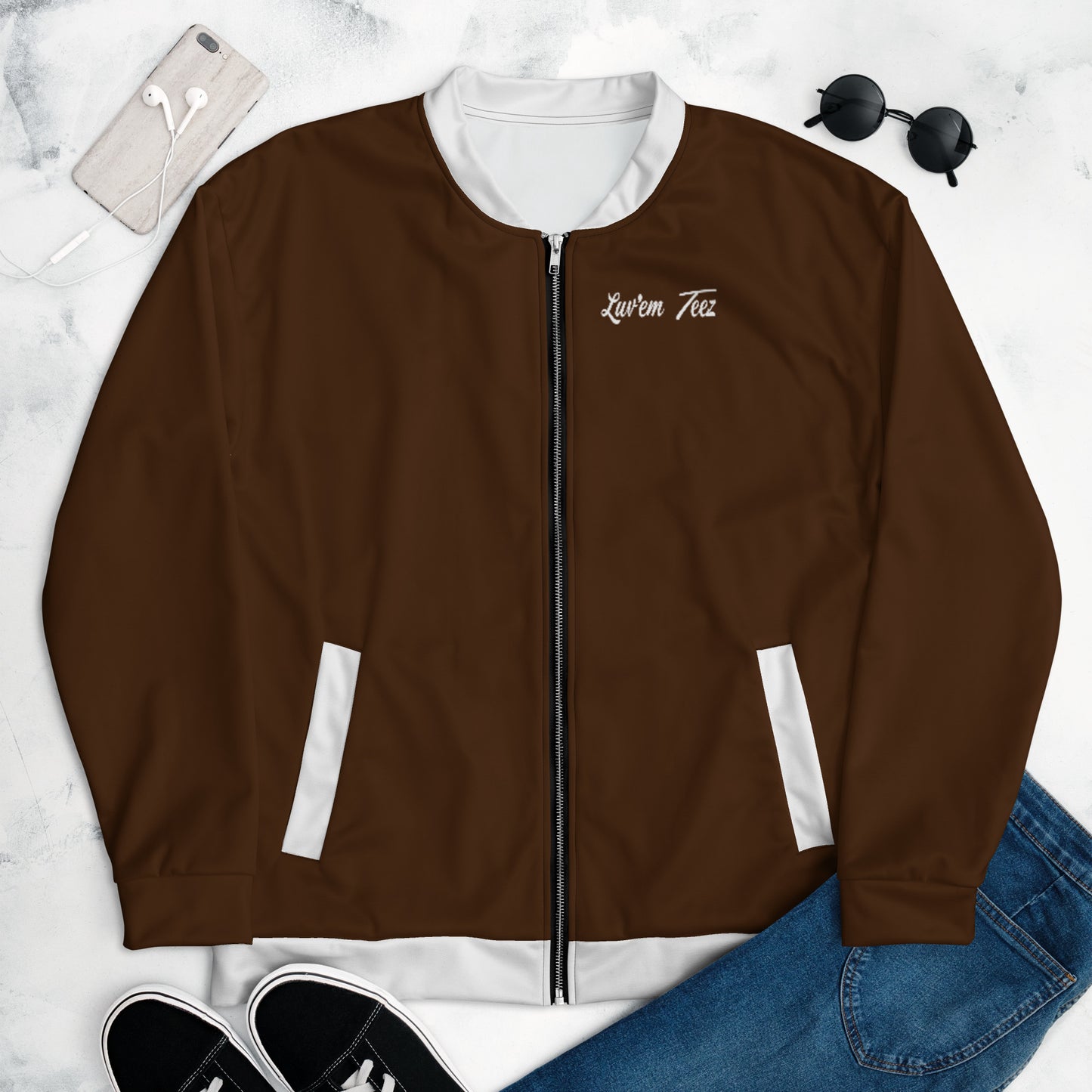 Luv'em Brown and White Unisex Bomber Jacket