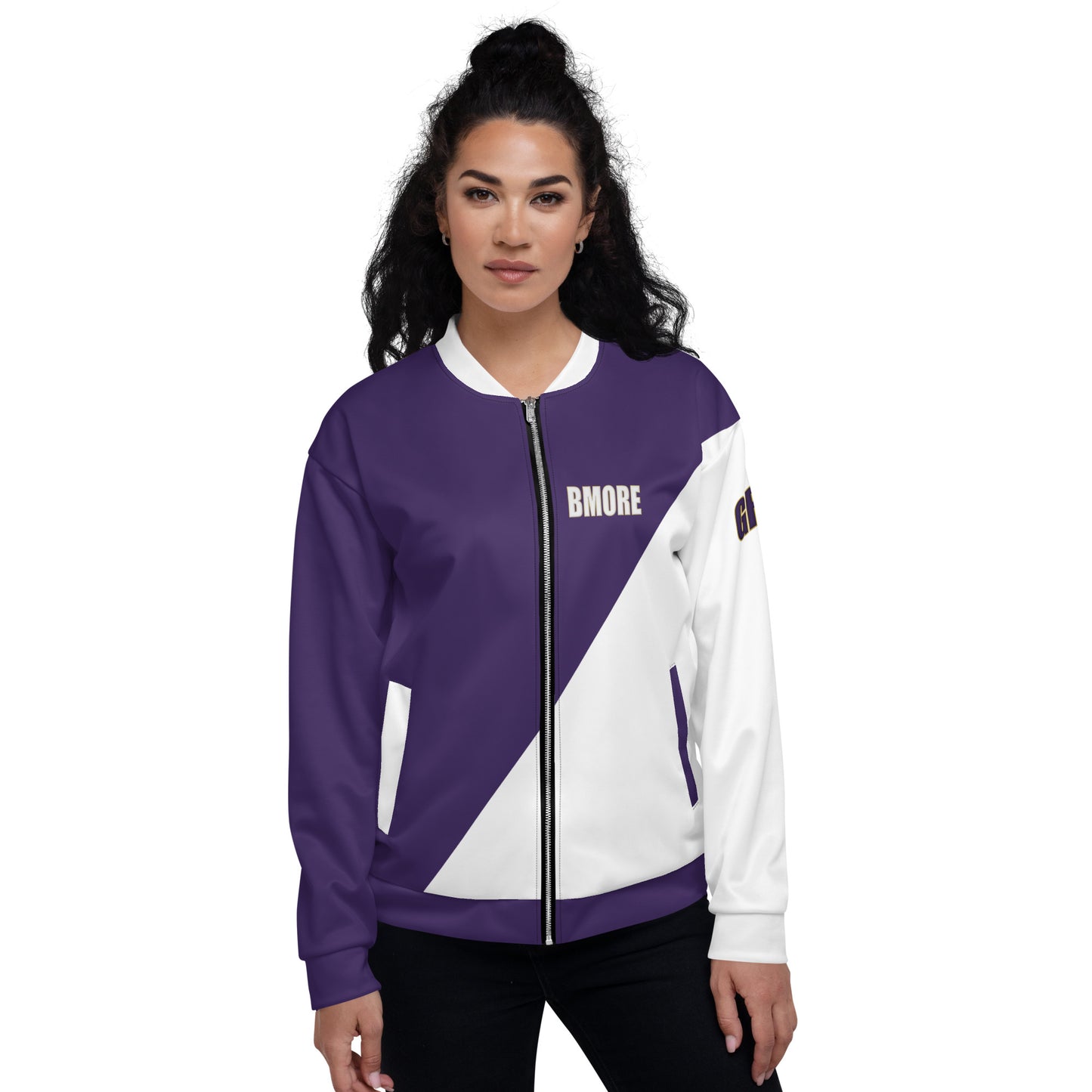 Great with 8 Purple and White Unisex Bomber Jacket