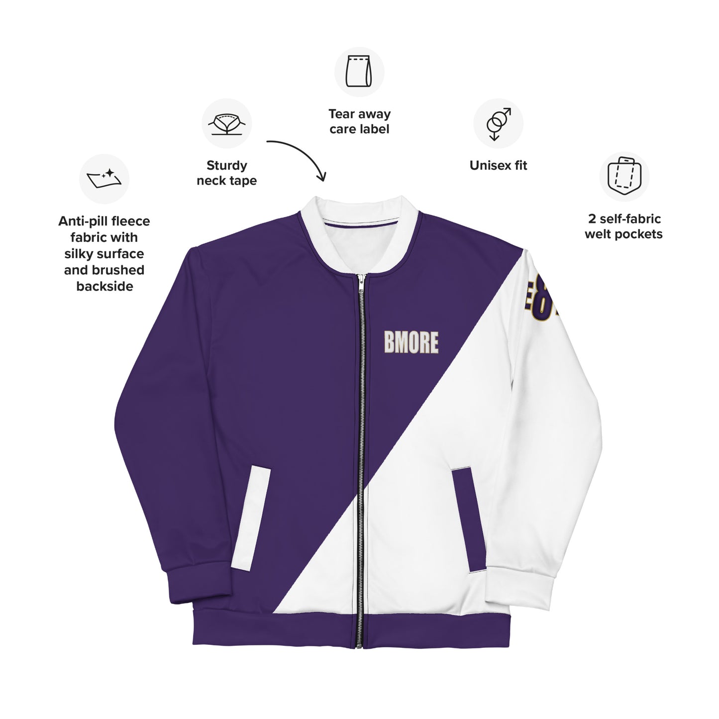 Great with 8 Purple and White Unisex Bomber Jacket