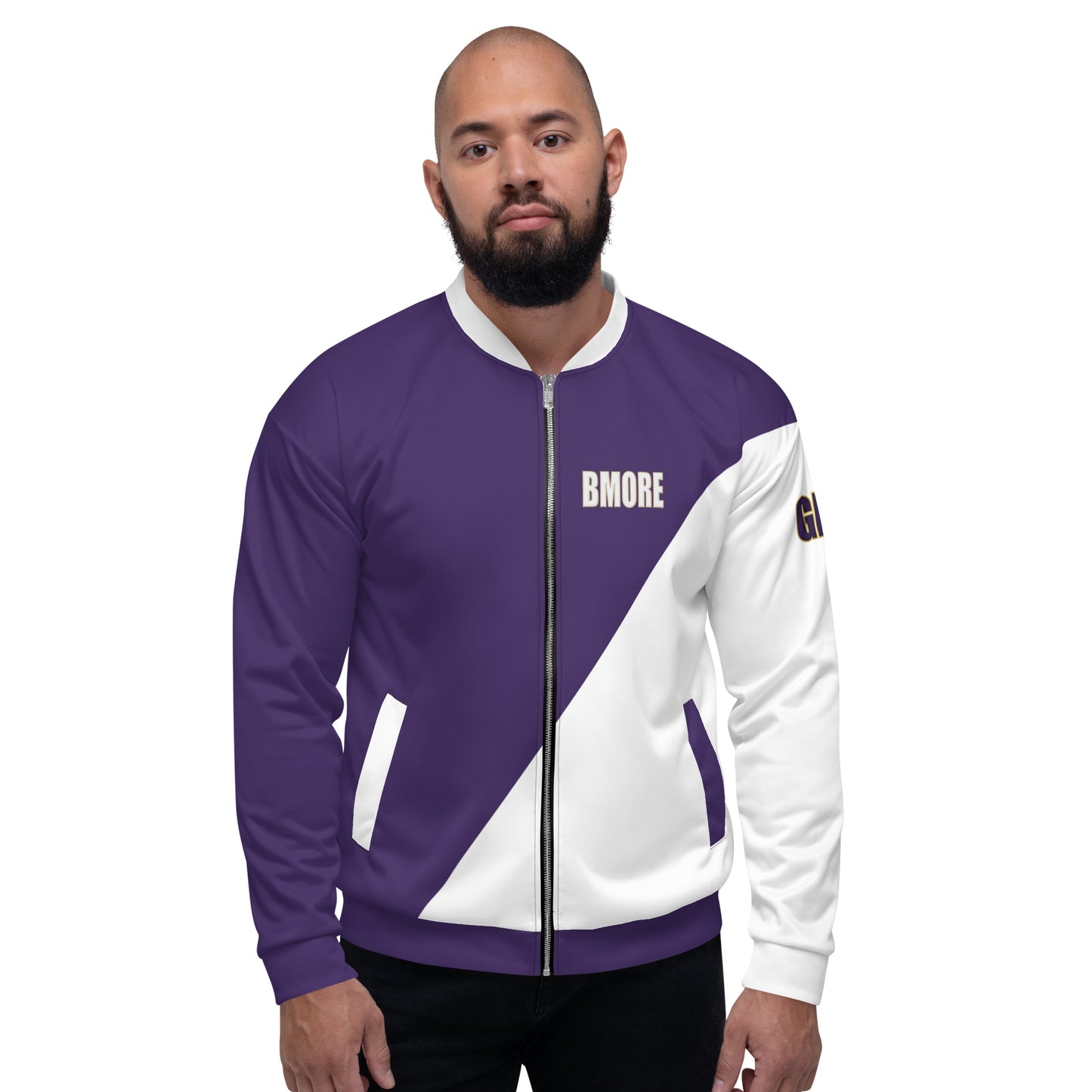 Great with 8 Purple and White Unisex Bomber Jacket