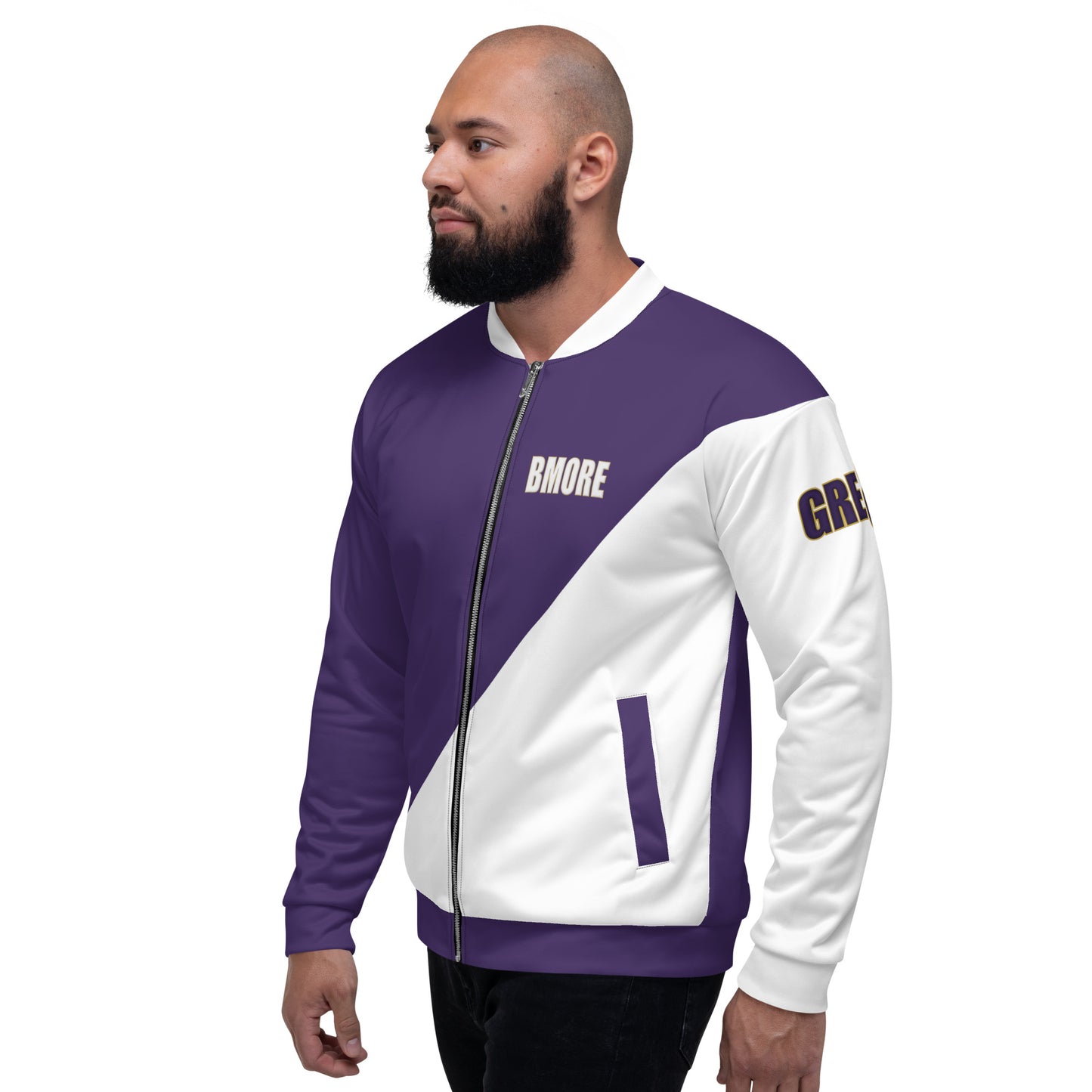 Great with 8 Purple and White Unisex Bomber Jacket