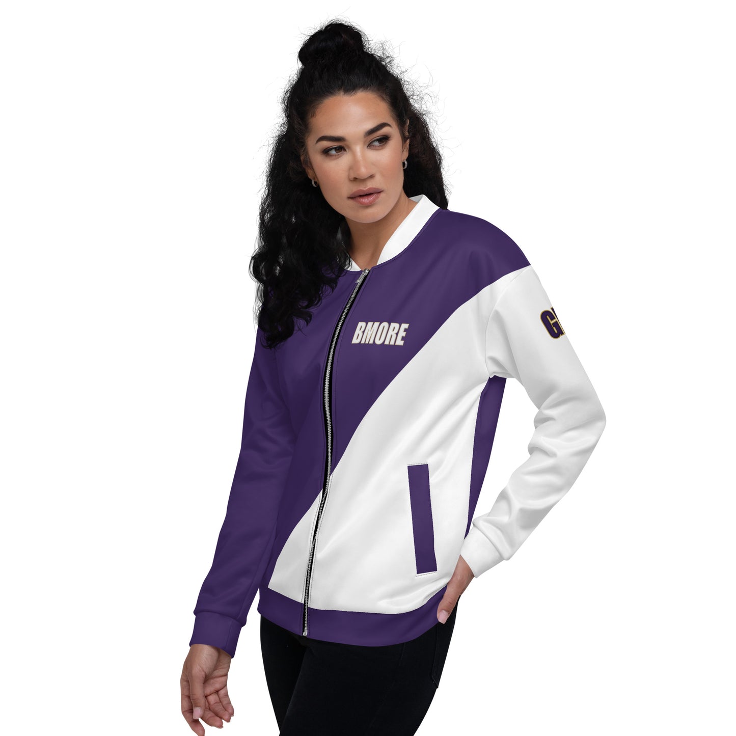 Great with 8 Purple and White Unisex Bomber Jacket