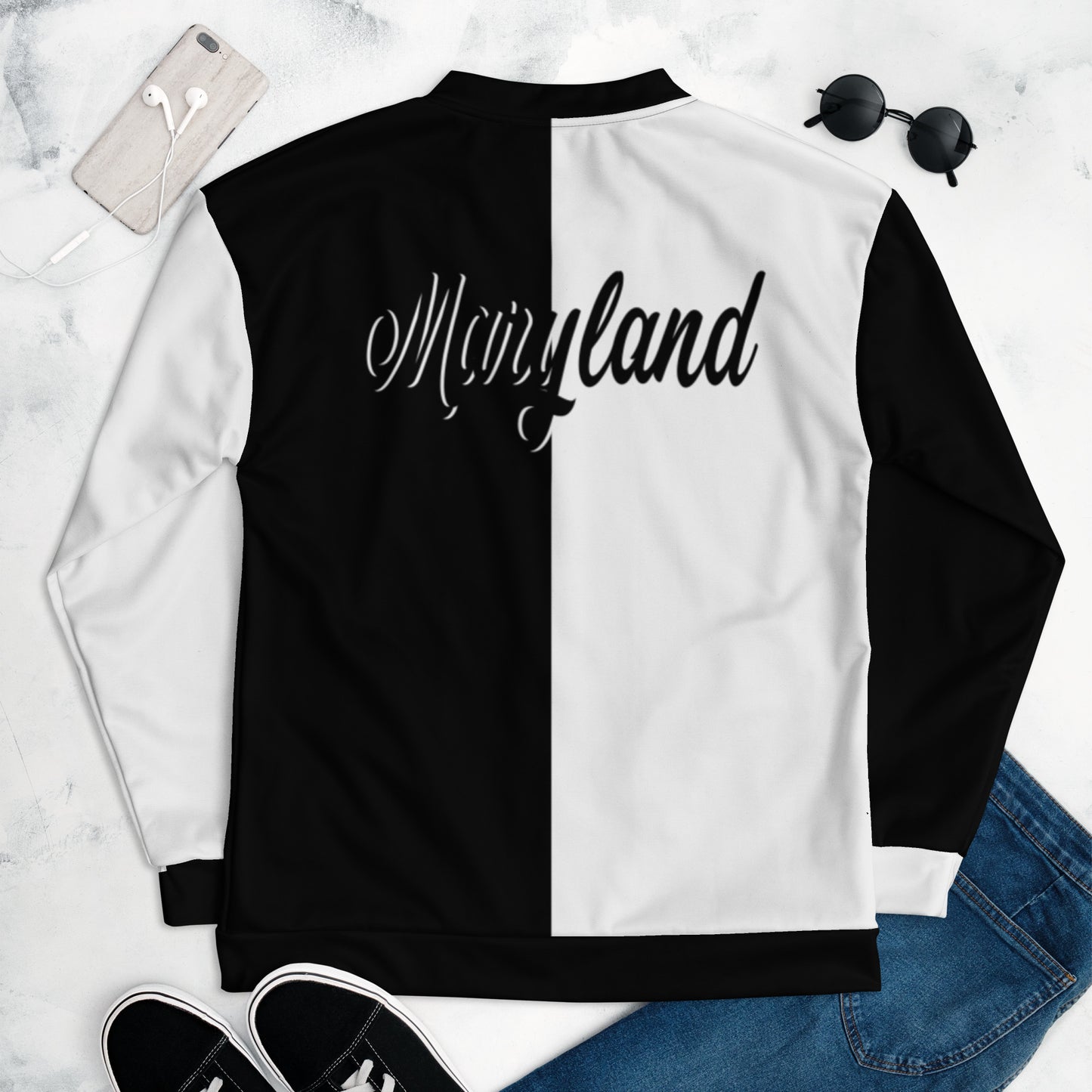 Maryland Black and White Unisex Bomber Jacket