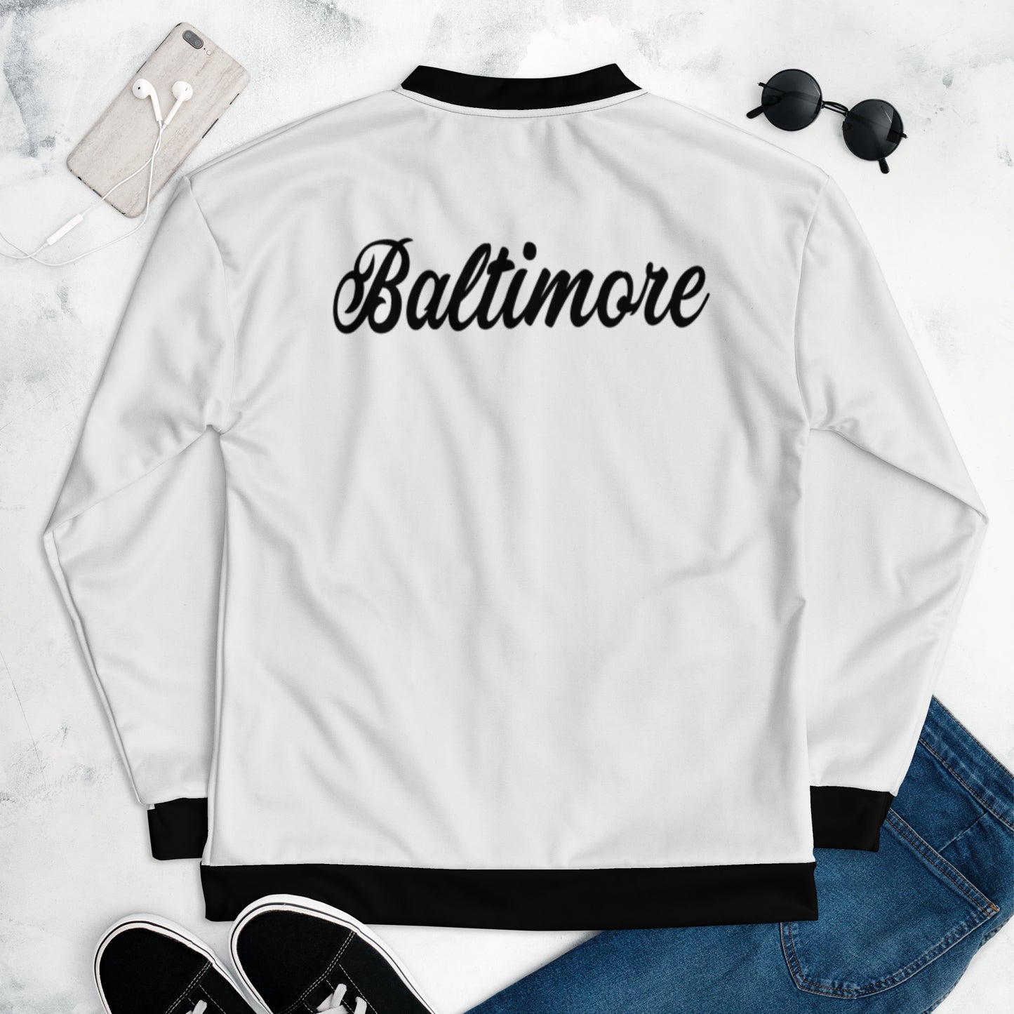 Chaqueta bomber unisex Baltimore en blanco y negro