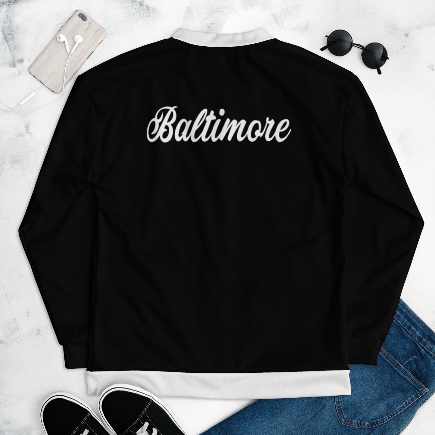 Chaqueta bomber unisex Baltimore en blanco y negro