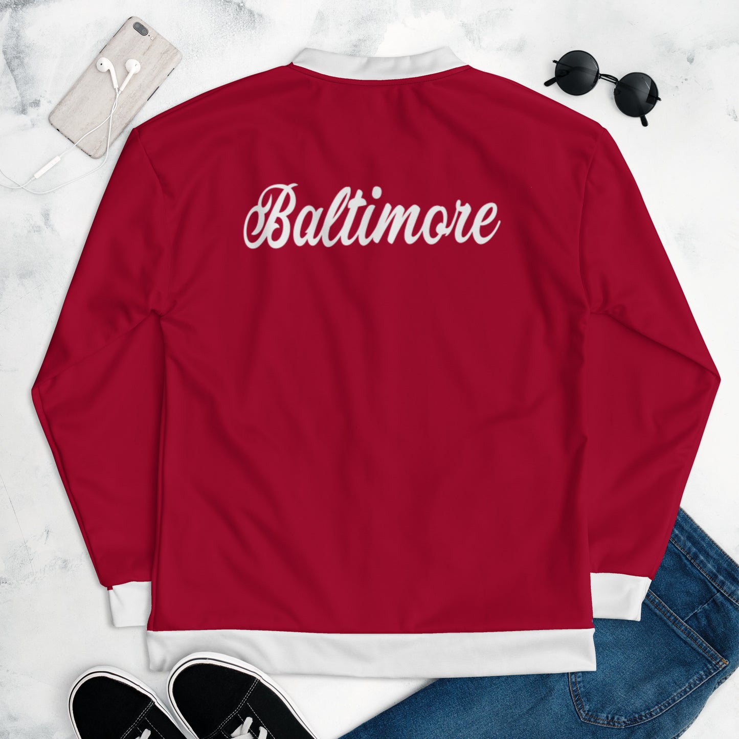 Baltimore Red and White Unisex Bomber Jacket