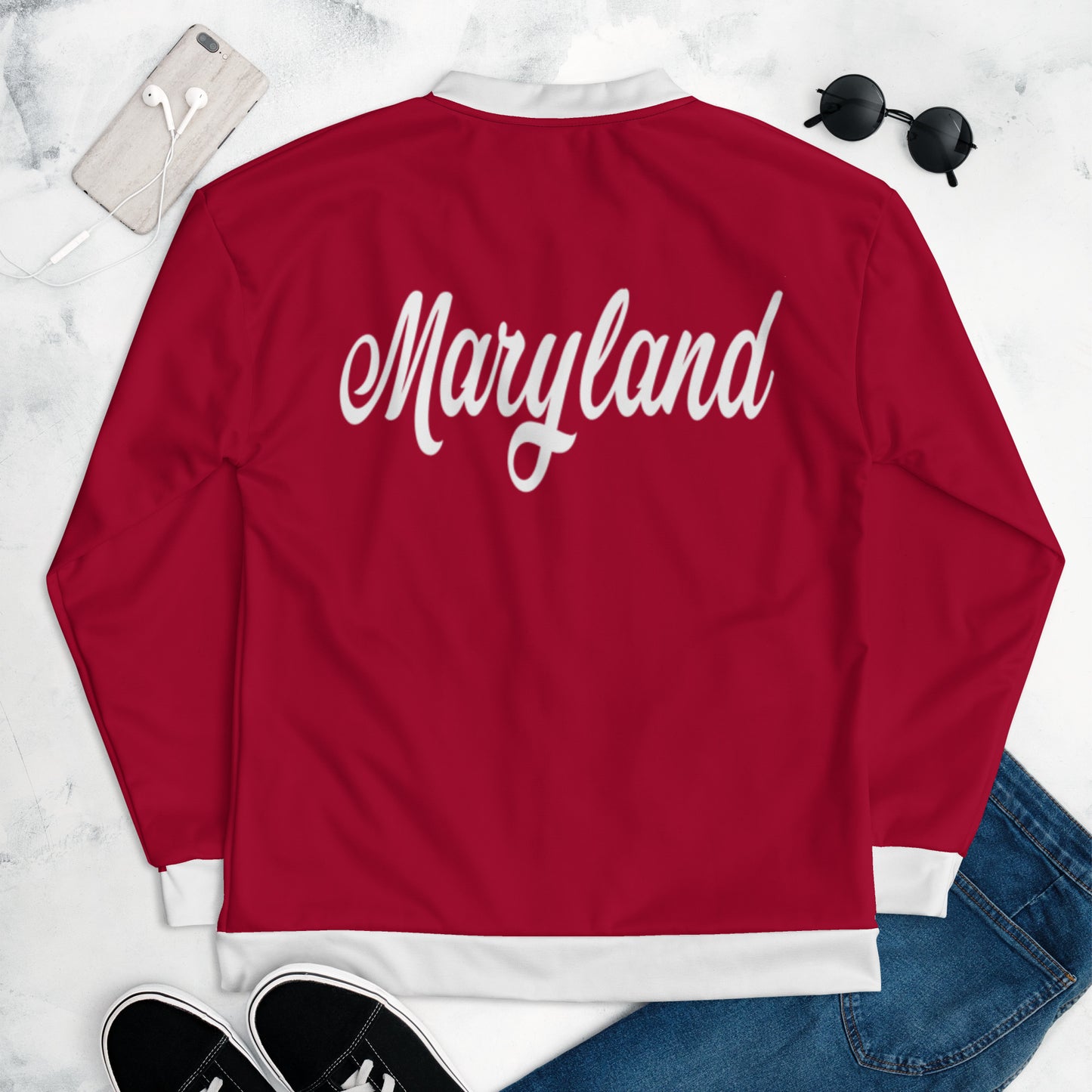 Maryland Red and White Unisex Bomber Jacket