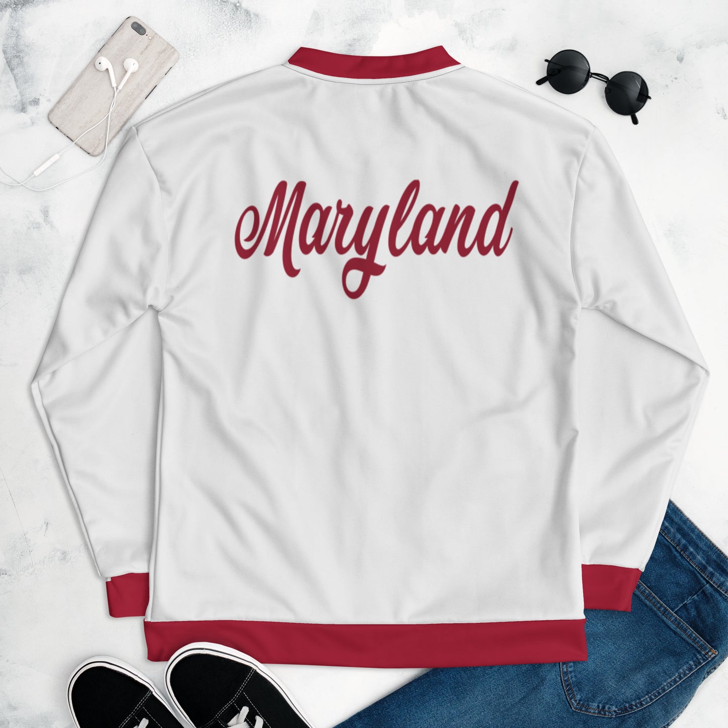 Maryland White and Red Unisex Bomber Jacket