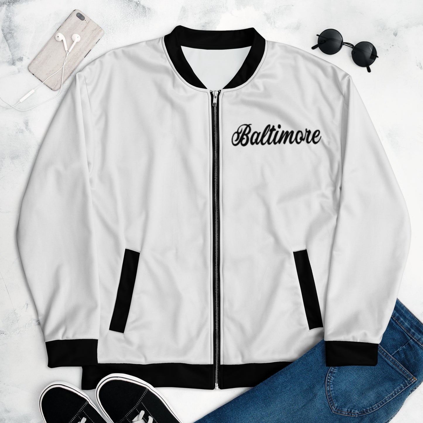 Chaqueta bomber unisex Baltimore en blanco y negro