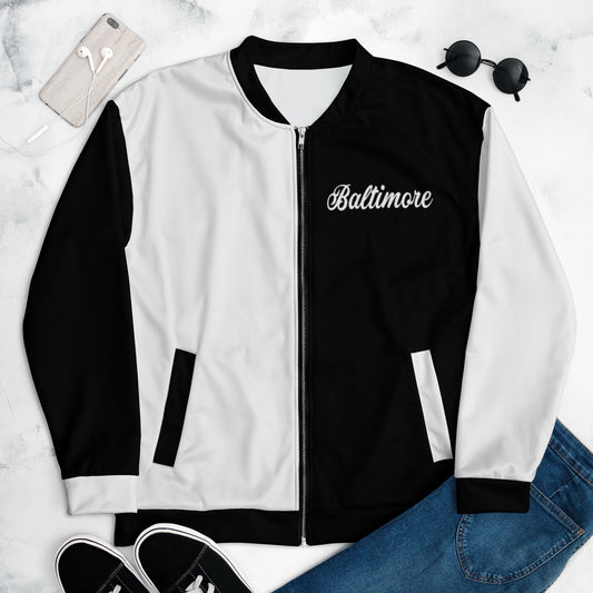 Chaqueta bomber unisex Baltimore en blanco y negro