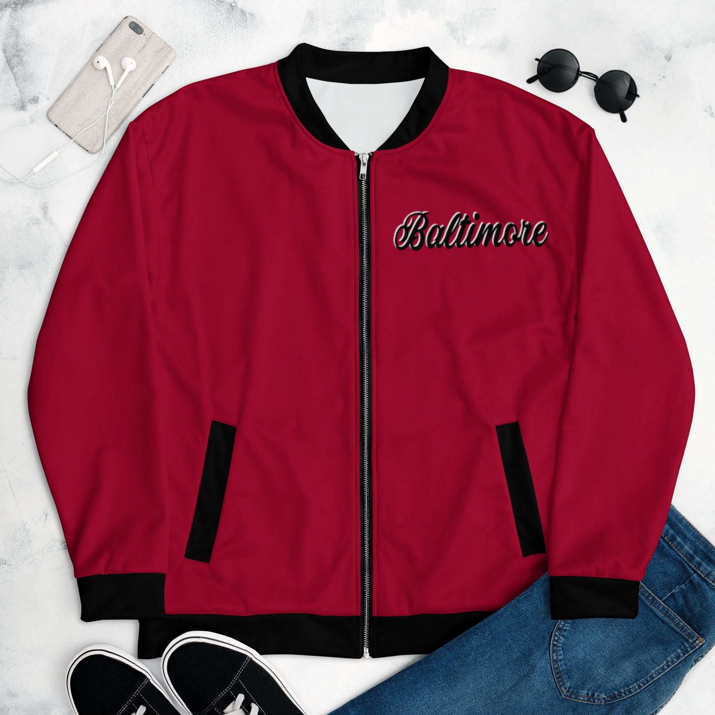 Chaqueta bomber unisex Baltimore roja y negra