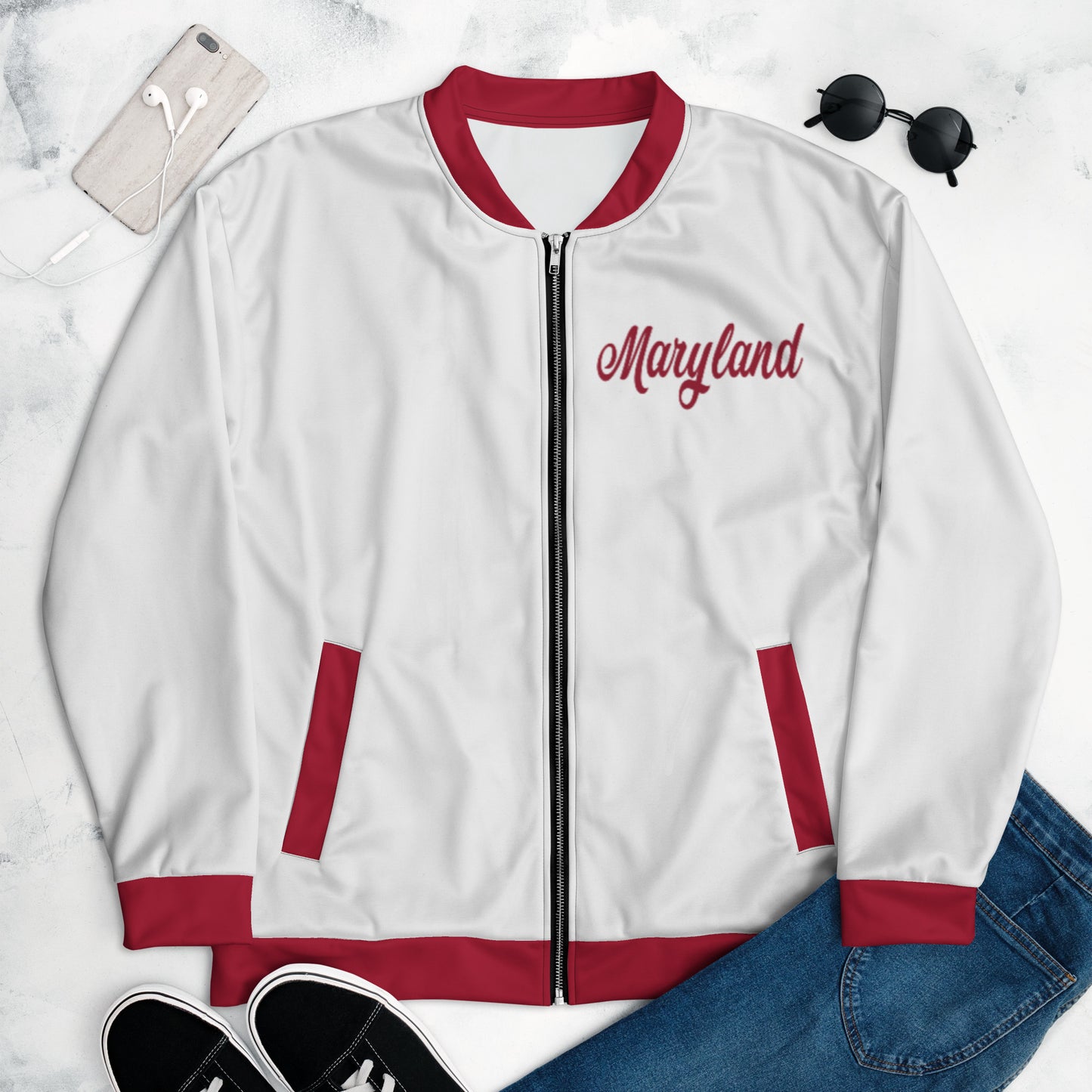 Maryland White and Red Unisex Bomber Jacket